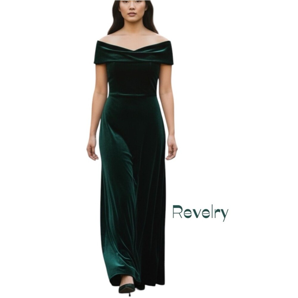 Revelry Emerald Green Velvet Draped Off Shoulder Maxi Dress NWOT Size 12 Glam